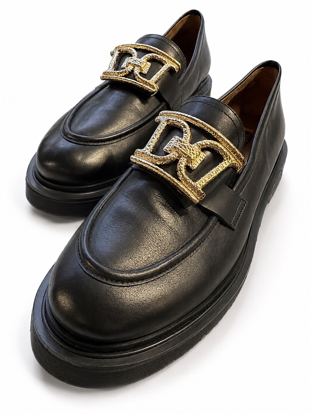 Dissona NWOB Black Leather Lug Sole Loafers Gold Buckle Size EU 40